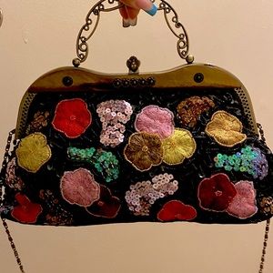 Vintage Sequin Colorful Floral Embellished Stitching Black Evening Bag Luxury